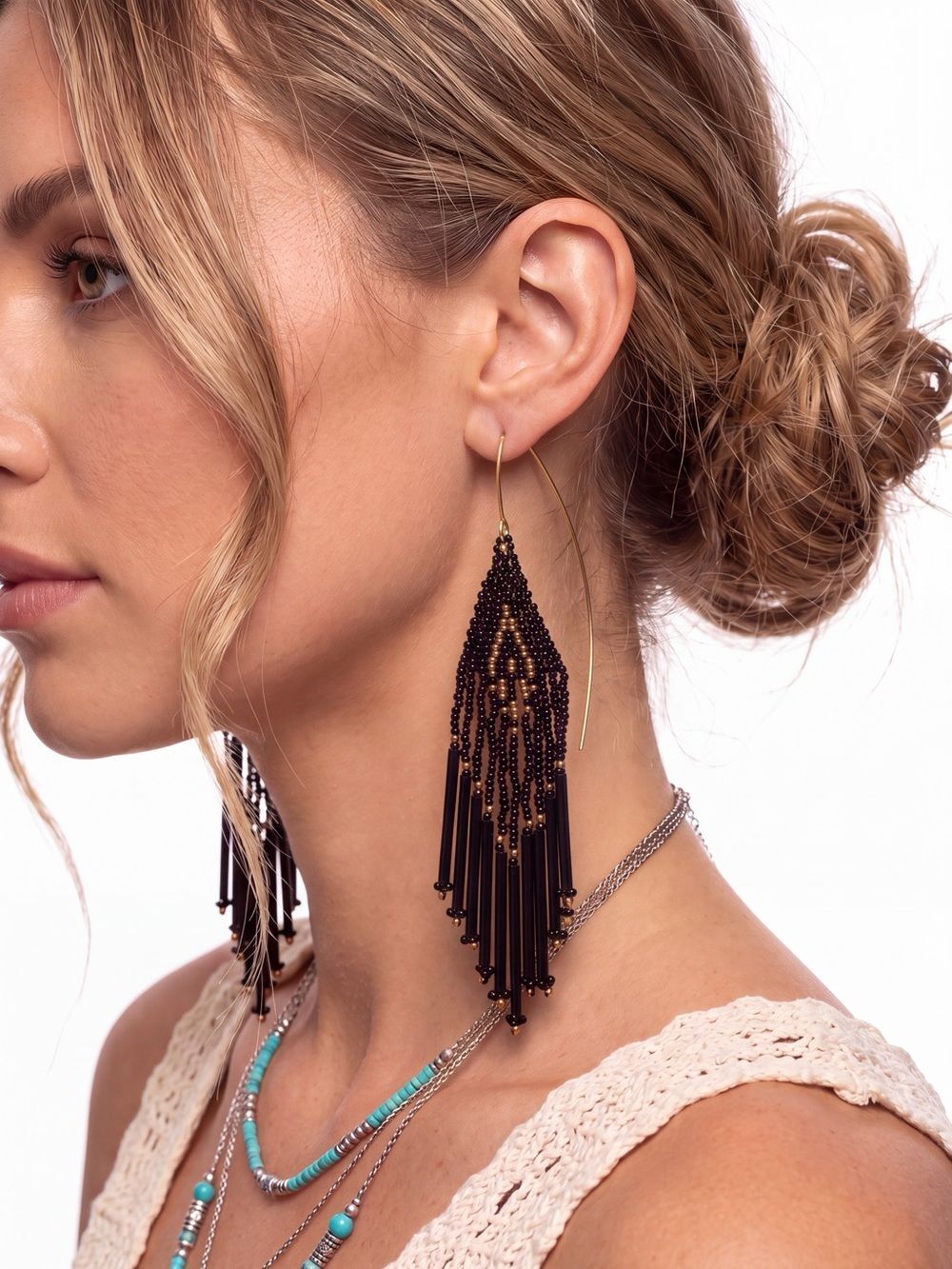 Black Gold Beaded Fringe Statement Earrings Boho Western USA Handmade